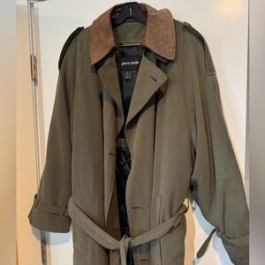 Pierre Cardin Trench Coat Olive Green Leather Collar Quilted Liner 42R
